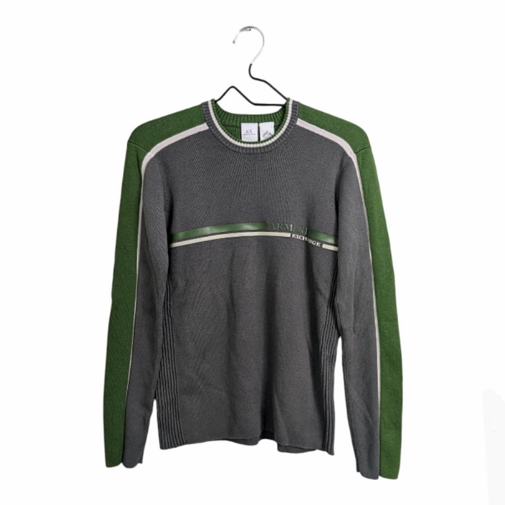 Armani Exchange Men Gray Green Crewneck Sweater Ribbed Sides Casual Size Small